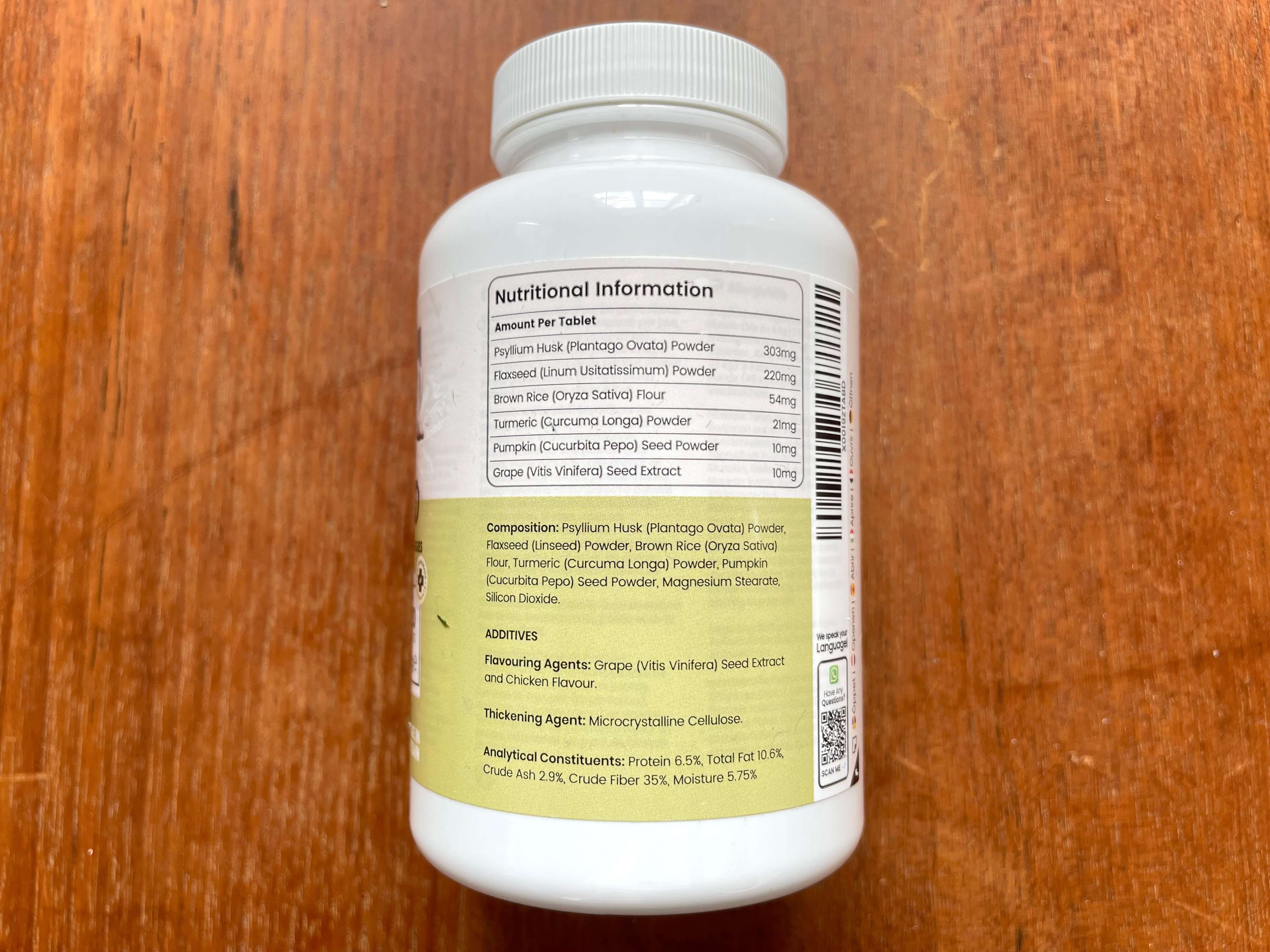 Bagside med visning af ingredienser i Animigo Allergy Aid