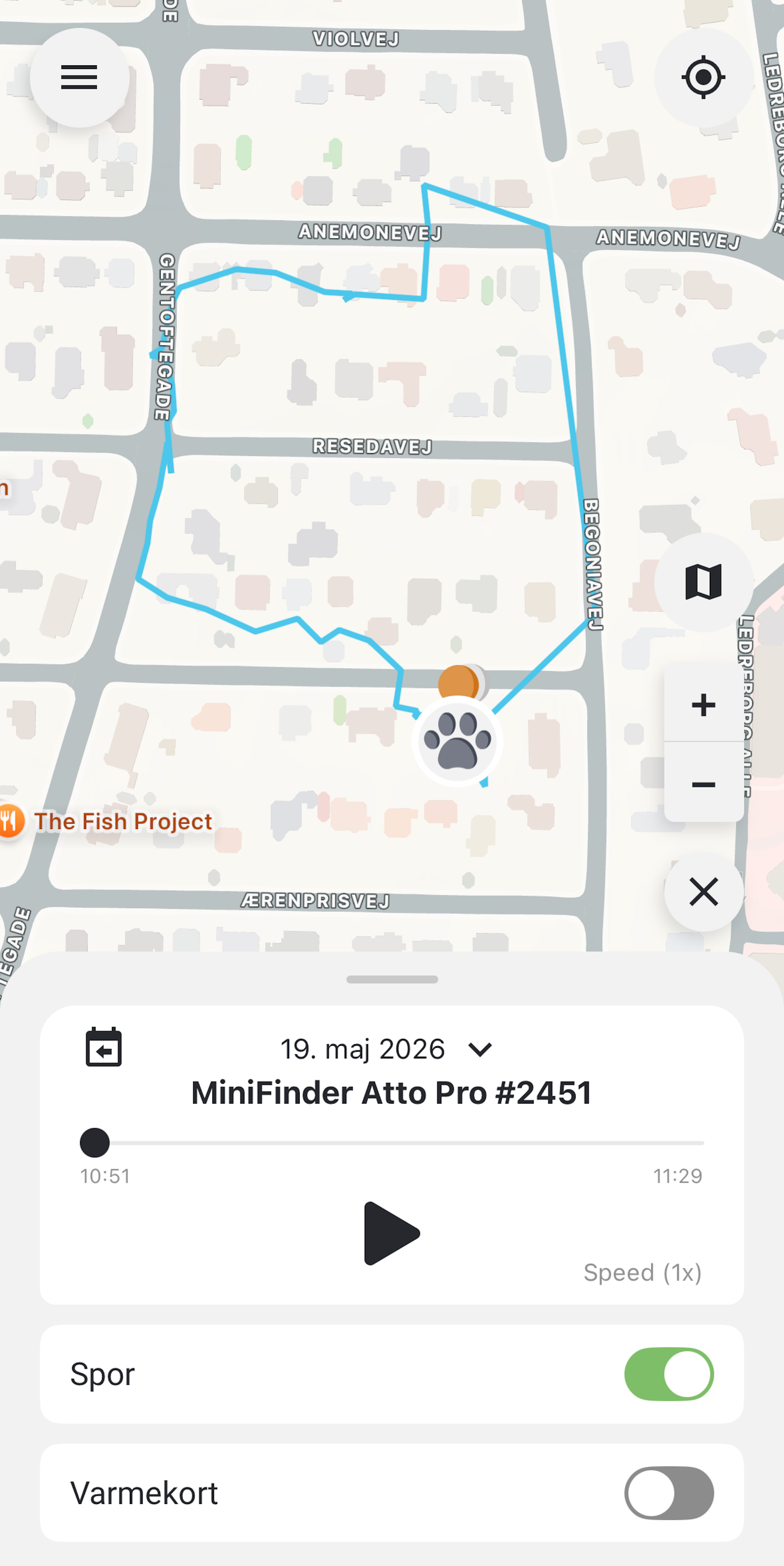 Historik i app til MiniFinder Atto Pro GPS til hund