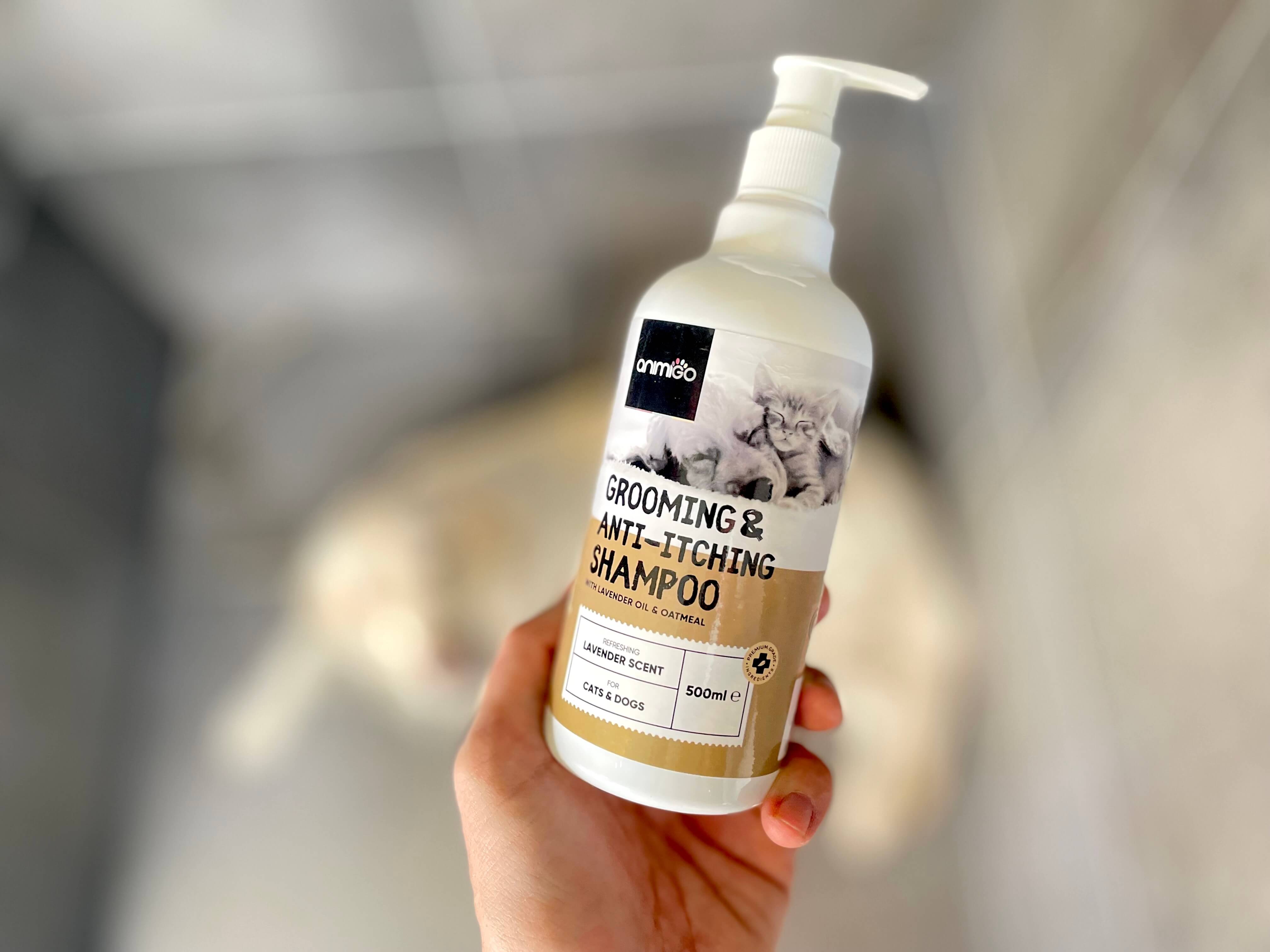 Hundeshampoo til hund og kat fra Animigo i hånd foran hund i bad
