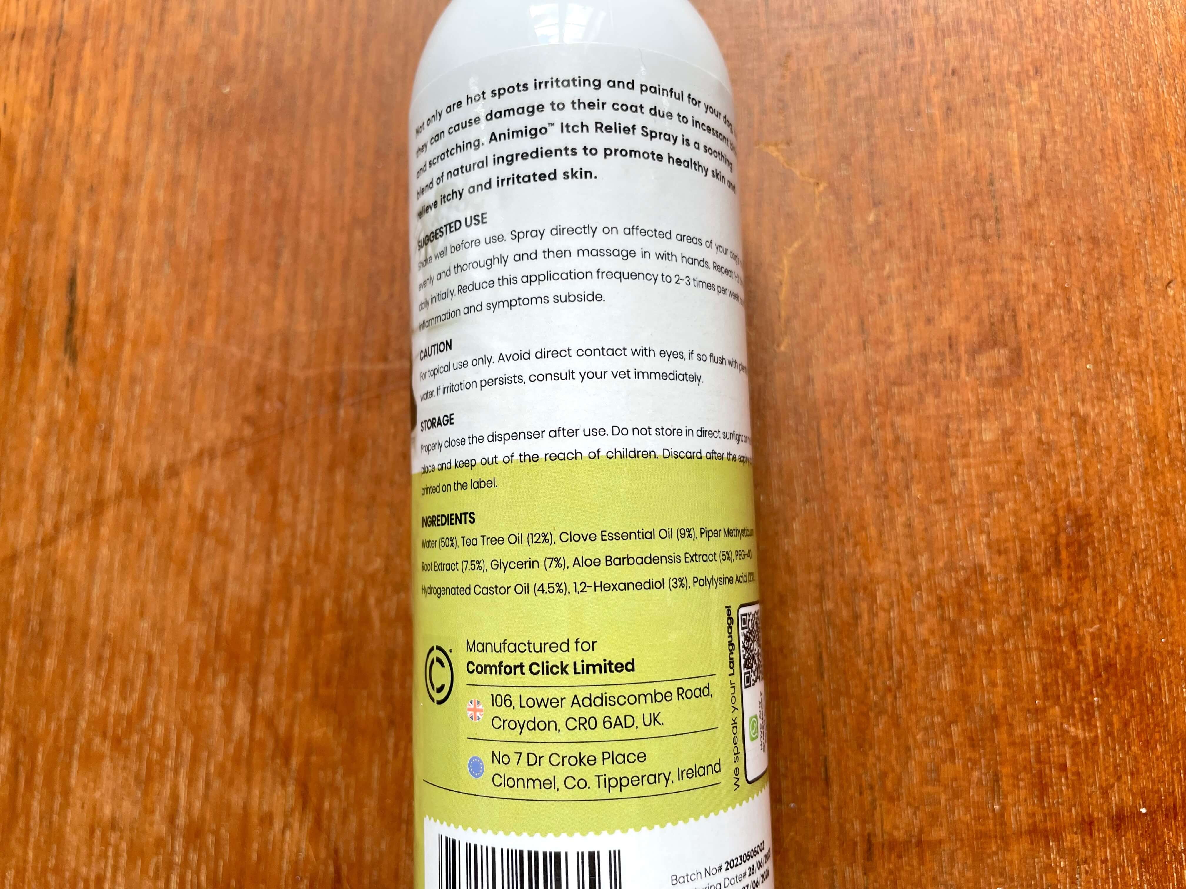 Næringsindhold i kløestillende spray fra Animigo