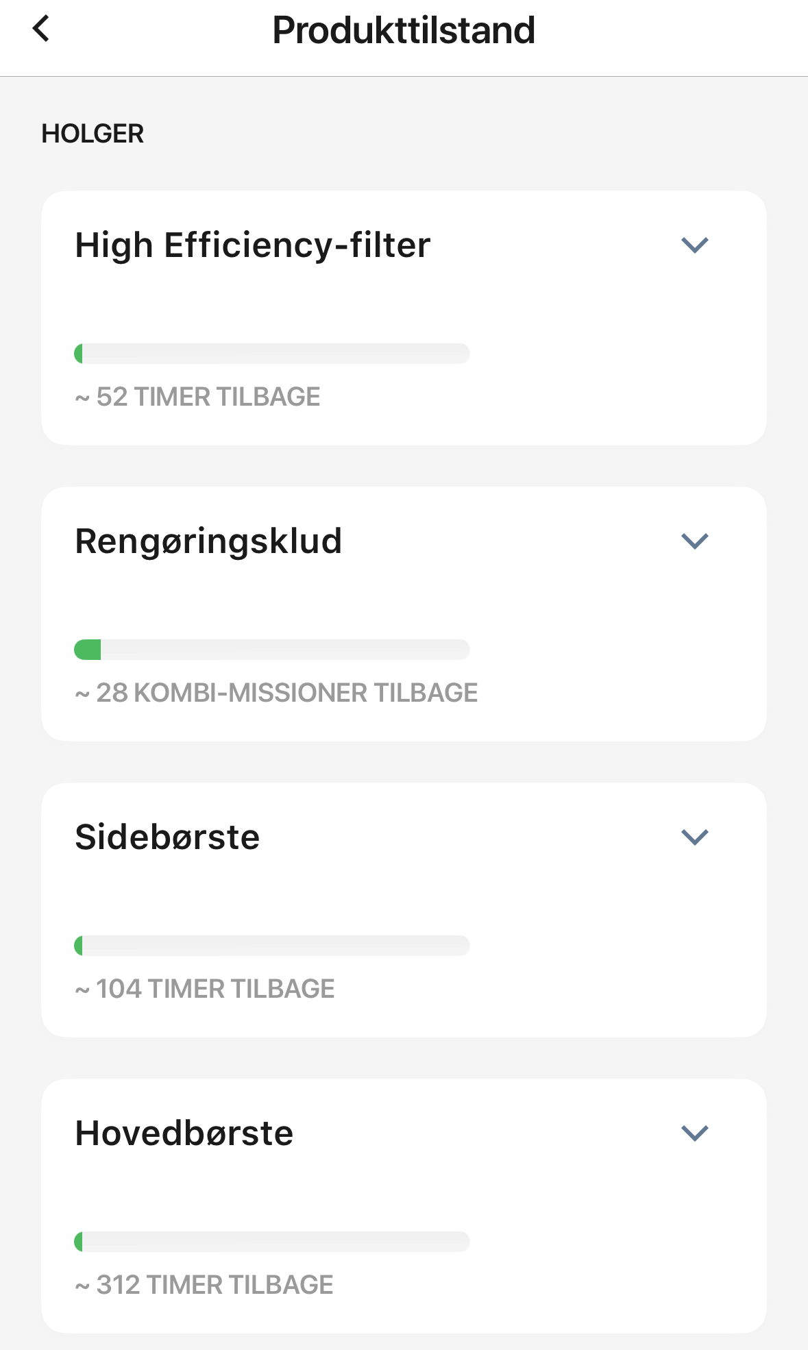Vedligeholdelsesoversigt på Roomba app til Roomba Plus 505